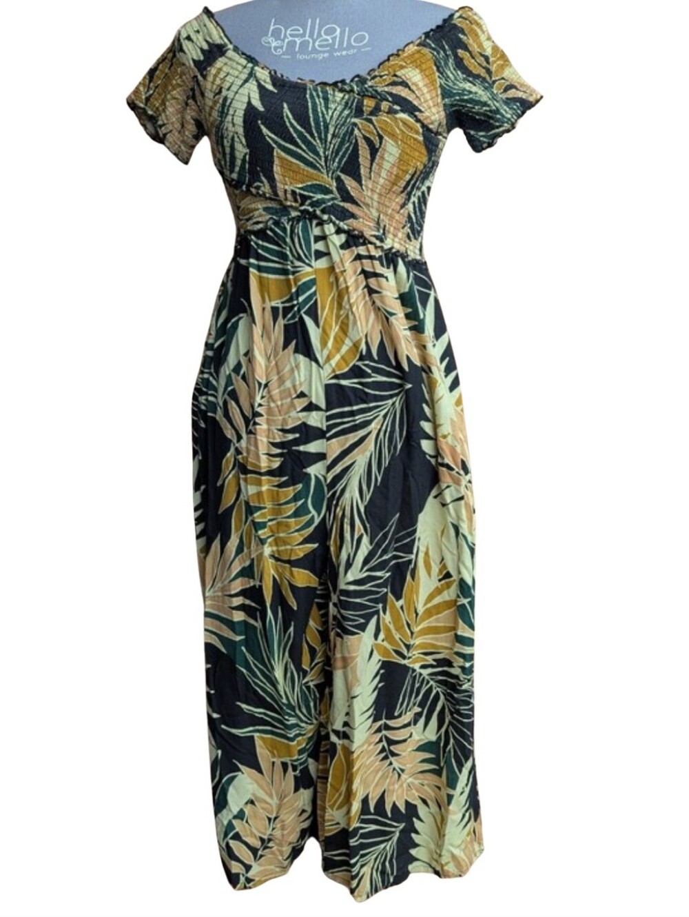 Patrons of Peace Tropical Palm Wide Leg Jumpsuit Smocked Off Shoulder Small